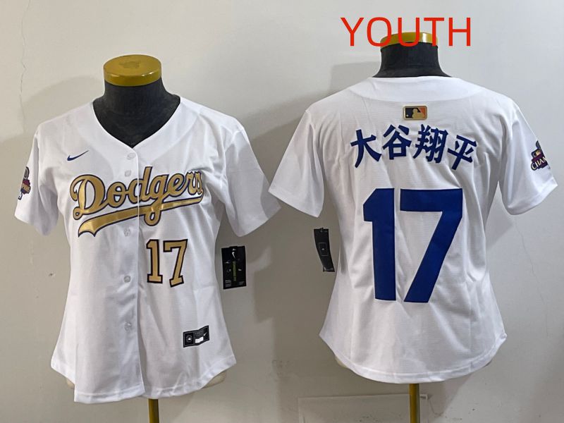 Youth Los Angeles Dodgers #17 Ohtani White Champion edition Nike MLB Jersey style 003